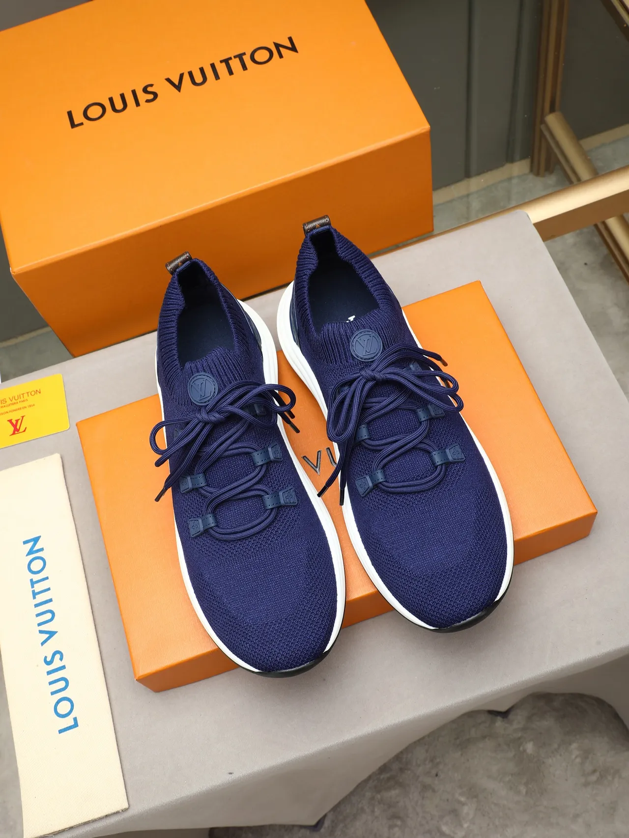 Louis Vuitton LV Trainer Navy White Knit Sock-Fit Upper Monogrammed Heel Counter Lifestyle Sneakers 2