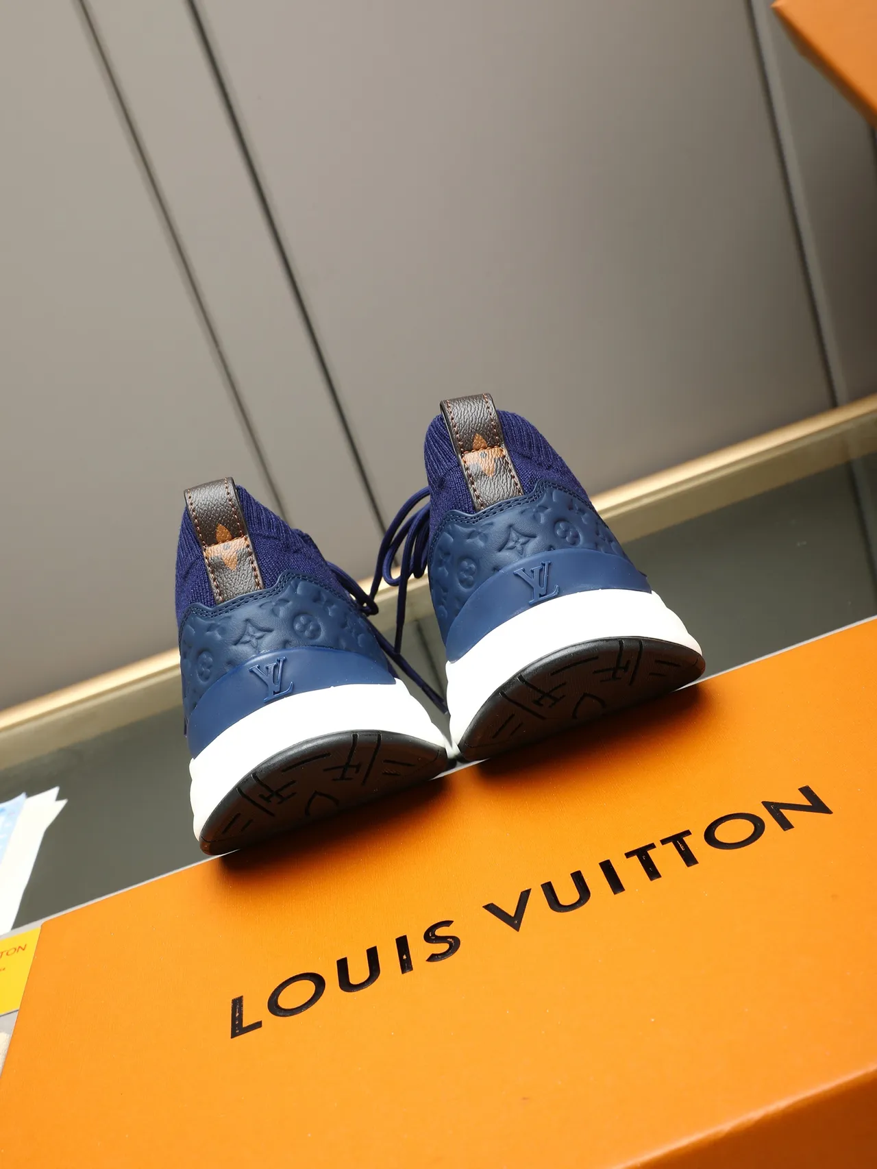Louis Vuitton LV Trainer Navy White Knit Sock-Fit Upper Monogrammed Heel Counter Lifestyle Sneakers 3