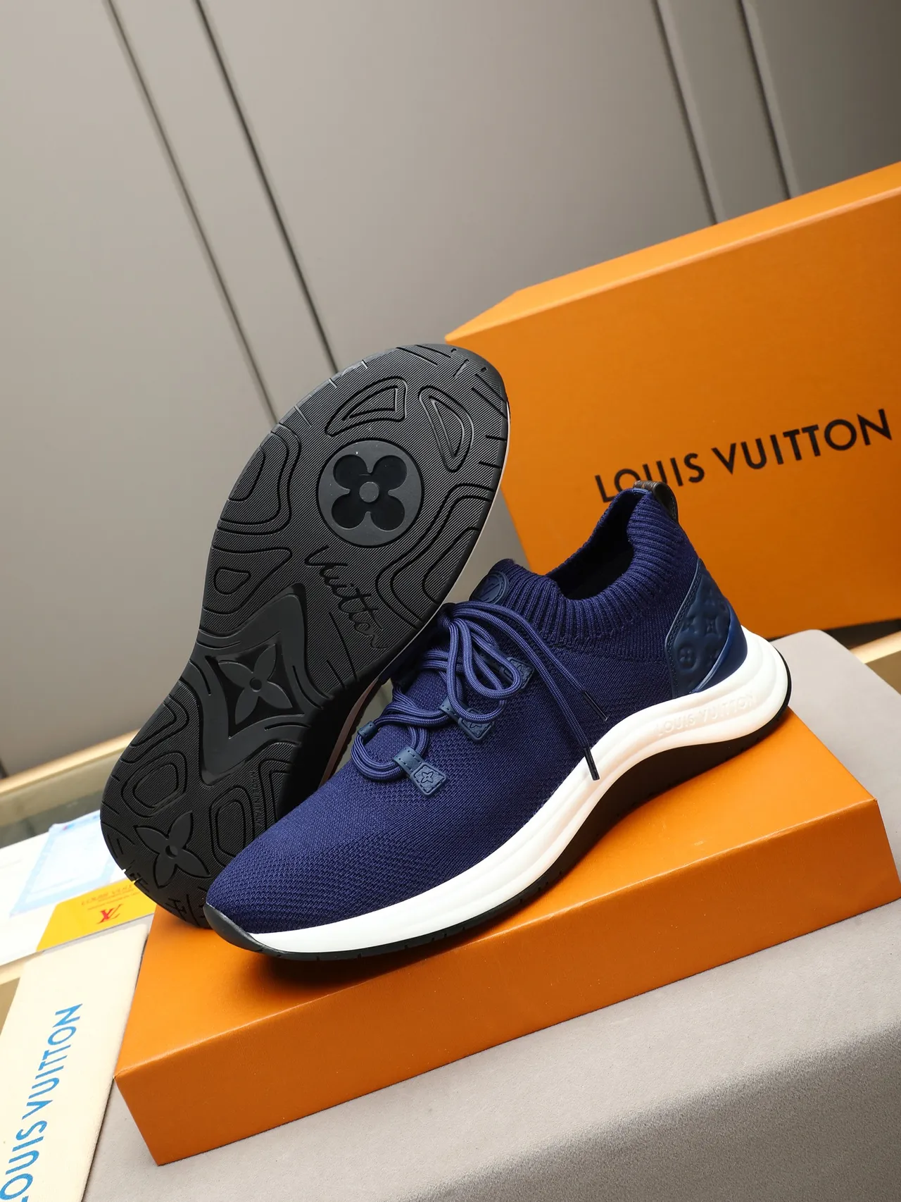 Louis Vuitton LV Trainer Navy White Knit Sock-Fit Upper Monogrammed Heel Counter Lifestyle Sneakers 4