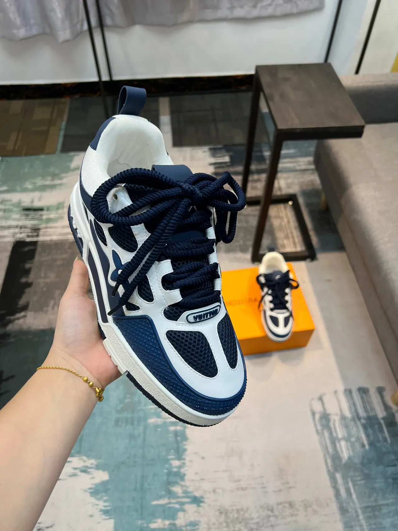Louis Vuitton LV Trainer Navy White Layered Cage Construction Perforated Mesh Panels Lifestyle Sneakers 8