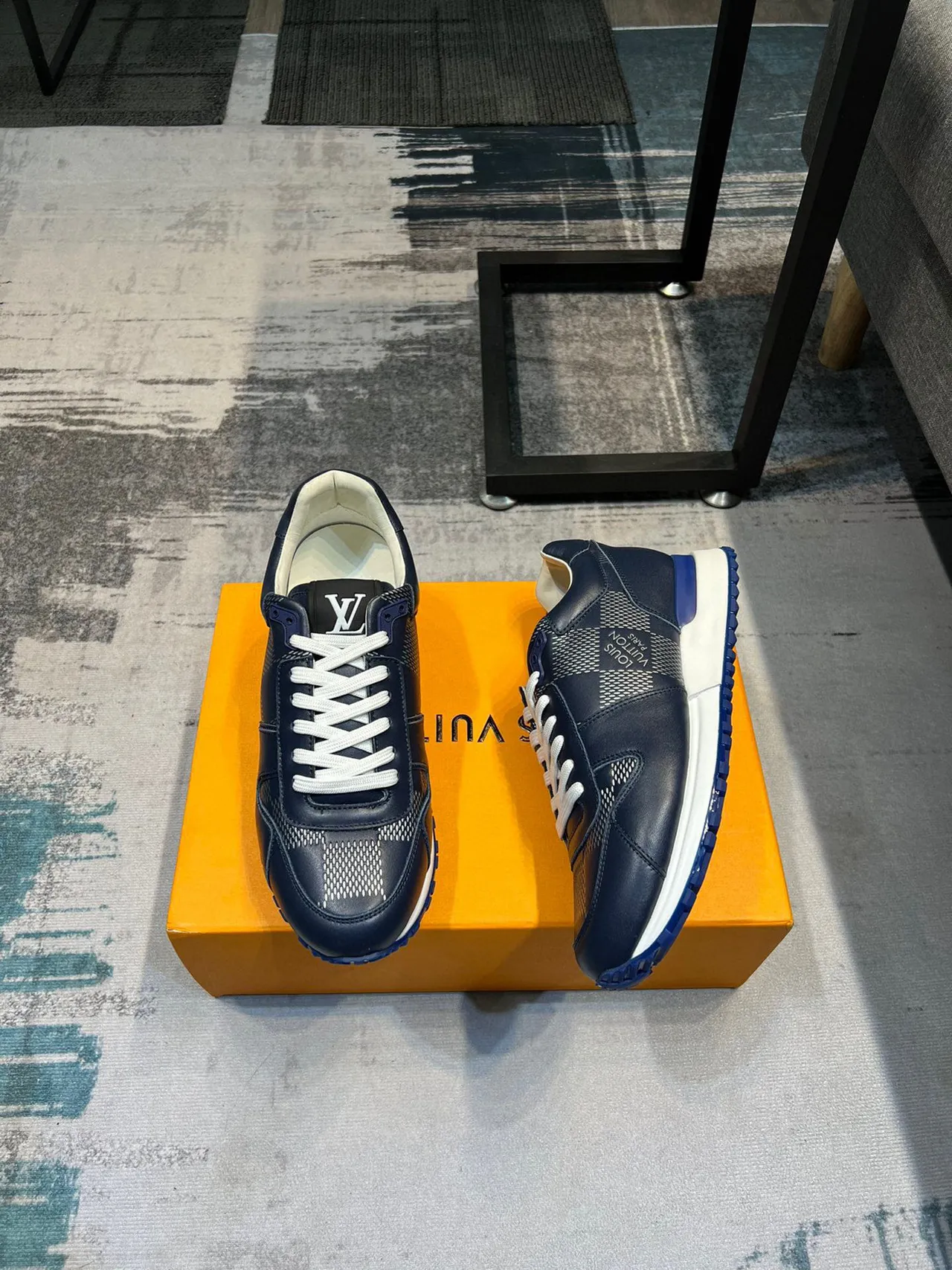 Louis Vuitton LV Trainer Navy White Leather Upper Perforated Checkerboard Panels Lifestyle Sneakers 4