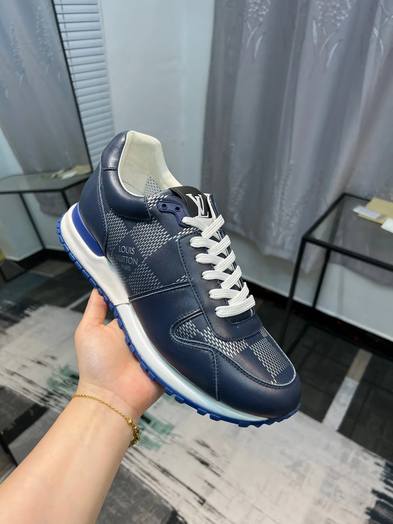 Louis Vuitton LV Trainer Navy White Leather Upper Perforated Checkerboard Panels Lifestyle Sneakers 6