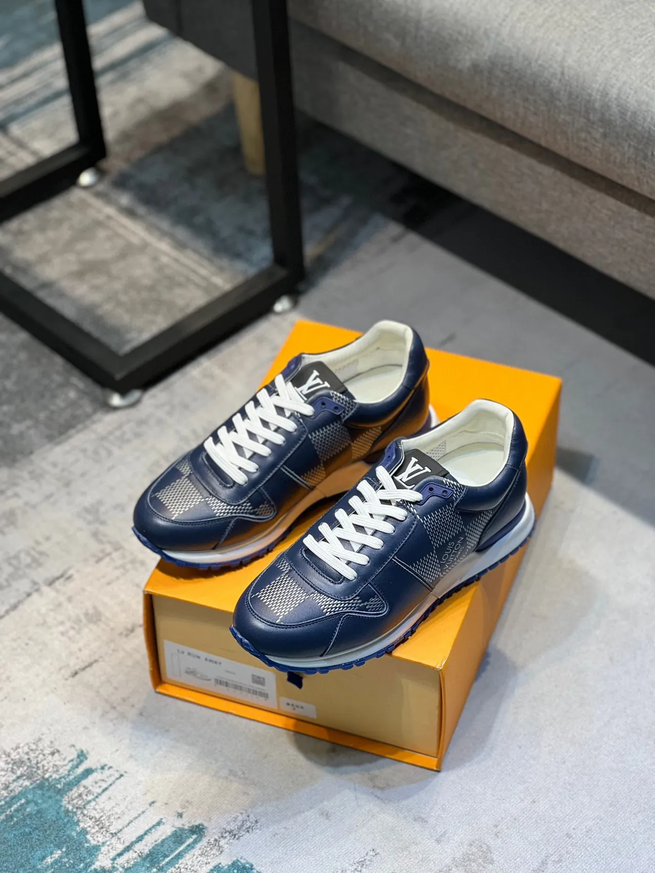 Louis Vuitton LV Trainer Navy White Leather Upper Perforated Checkerboard Panels Lifestyle Sneakers 7