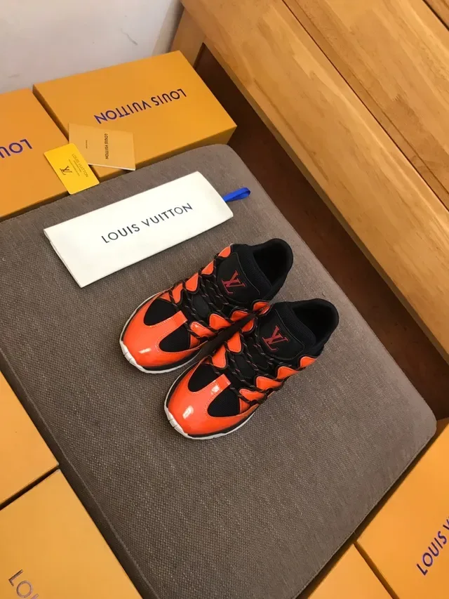 Louis Vuitton LV Trainer Orange Black High-Top Glossy Leather Lifestyle Sneakers 3
