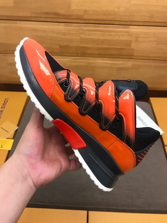Louis Vuitton LV Trainer Orange Black High-Top Glossy Leather Lifestyle Sneakers 4