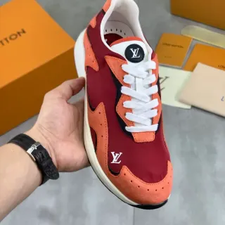 Louis Vuitton LV Trainer Red Orange Layered Suede And Fabric Upper Asymmetrical Color-Blocking Lifestyle Sneakers