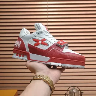 লুইস ভিটন LV Trainer লাল সাদা লো-টপ লেদার-মেশ হাইব্রিড লাইফস্টাইল স্নিকার