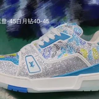 Louis Vuitton LV Trainer Branco Azul com Malha Superior com Cristais Tênis Lifestyle