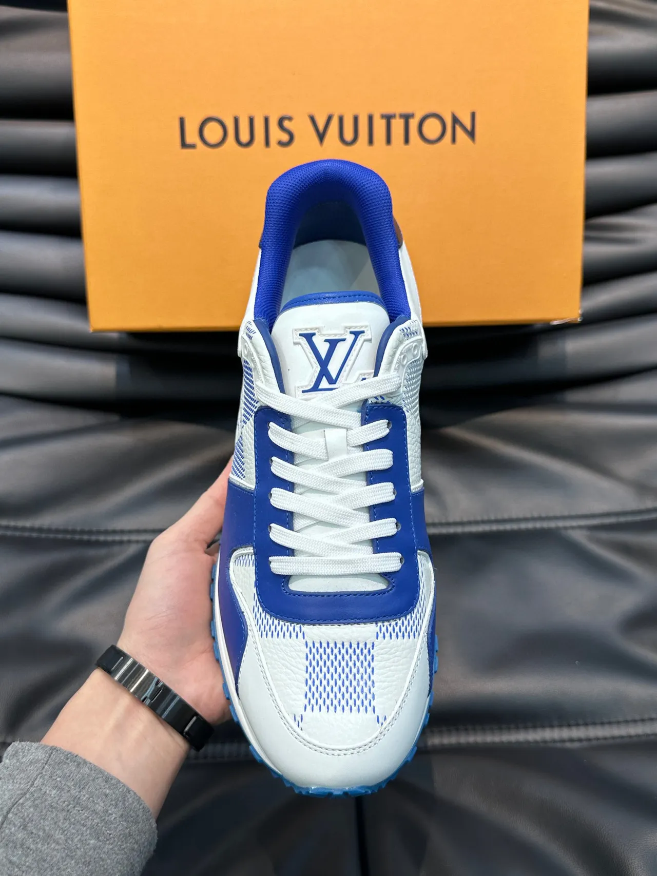 Louis Vuitton LV Trainer White Blue Low-Top Mesh-and-Leather Panelled Lifestyle Sneakers 6