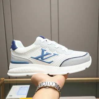 Louis Vuitton LV Trainer White Blue Perforated Leather Upper Embossed Midsole Branding Lifestyle Sneakers