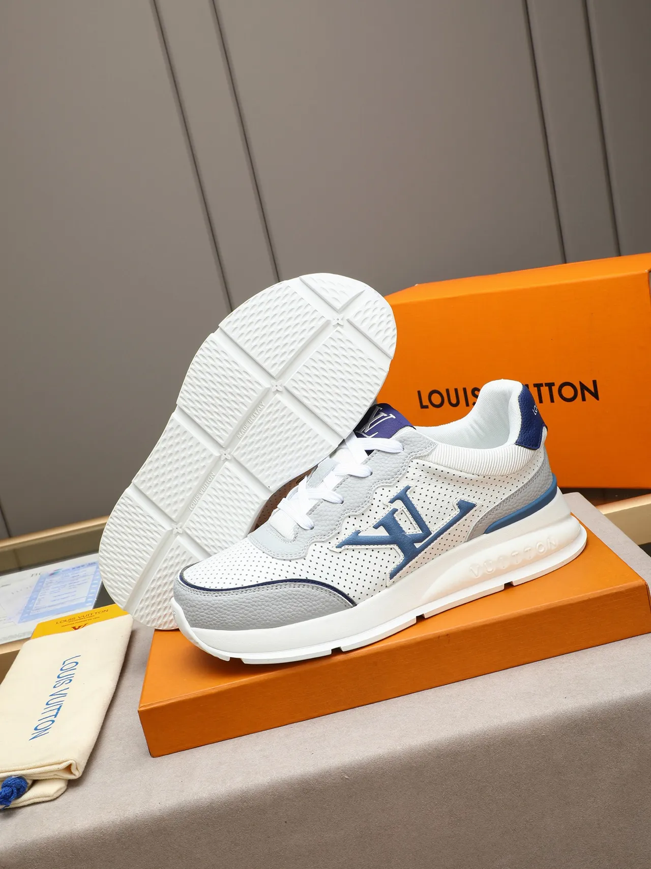 Louis Vuitton LV Trainer White Blue Perforated Leather Upper Embossed Midsole Branding Lifestyle Sneakers 4