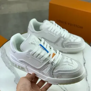 Louis Vuitton LV Trainer White Gray Layered Monochrome Construction Embossed Monogram Detailing Lifestyle Sneakers