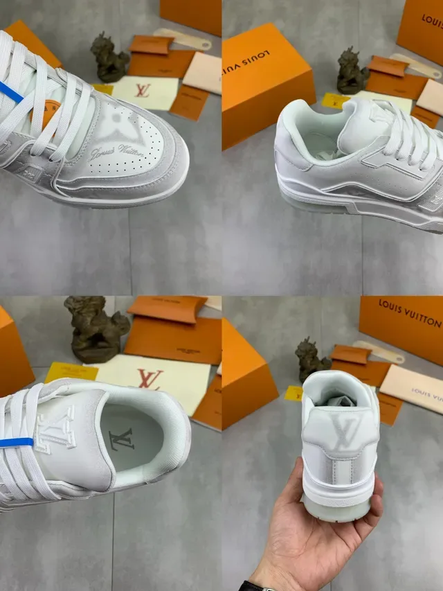 Louis Vuitton LV Trainer Branco e Cinza Monocromático em Camadas com Detalhe Monograma Embossed Lifestyle Sneakers 2