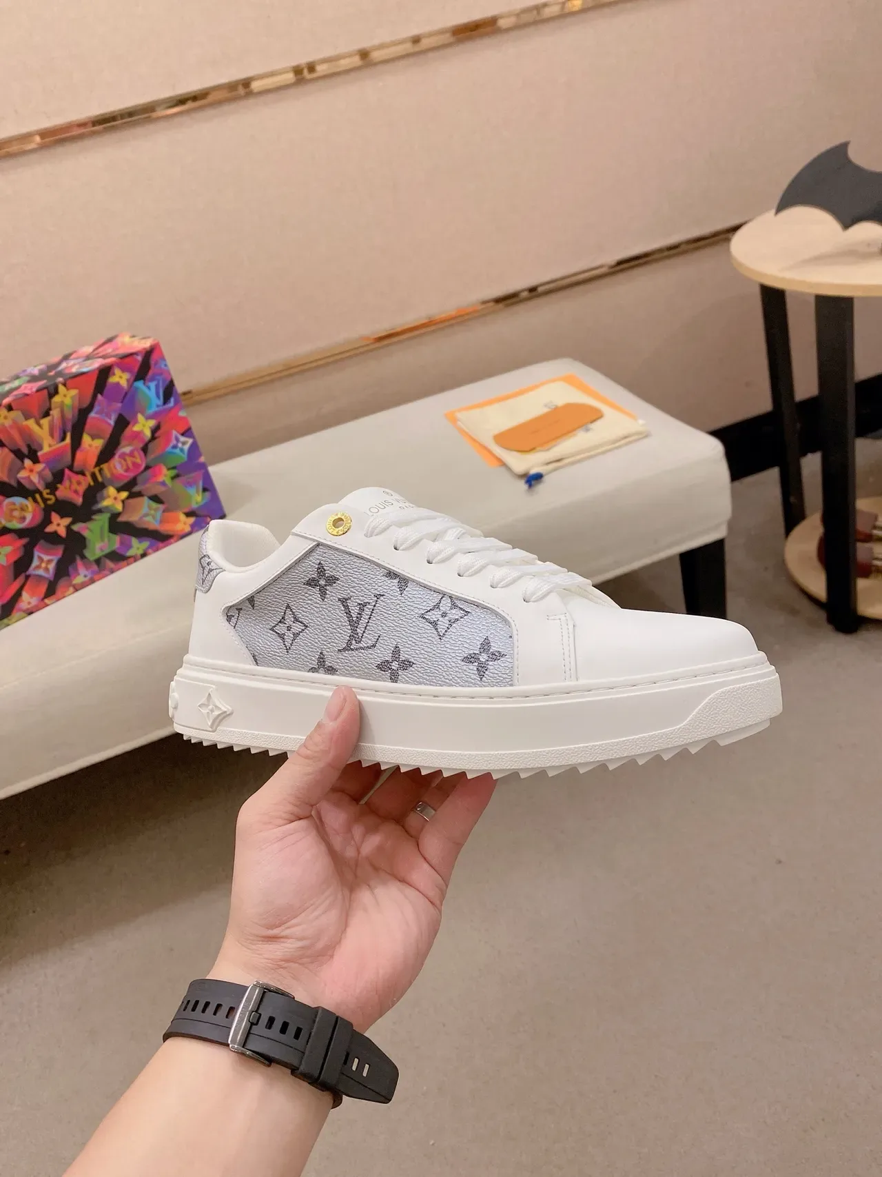 Louis Vuitton LV Trainer White Gray Monogram Canvas Side Panel Leather Upper Lifestyle Sneakers 5