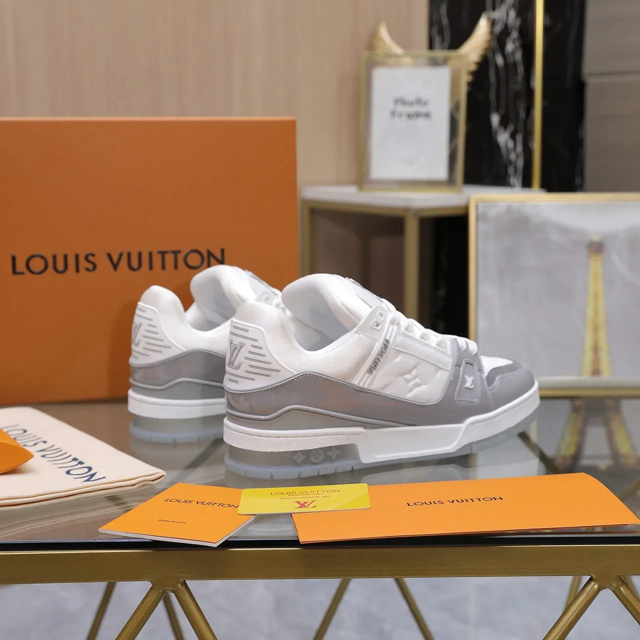 Louis Vuitton LV Trainer White Gray Monogram Leather Patent Overlays Lifestyle Sneakers 3