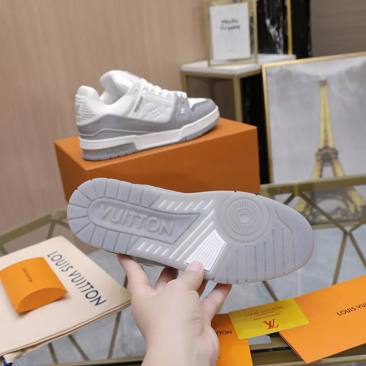 Louis Vuitton LV Trainer White Gray Monogram Leather Patent Overlays Lifestyle Sneakers 5