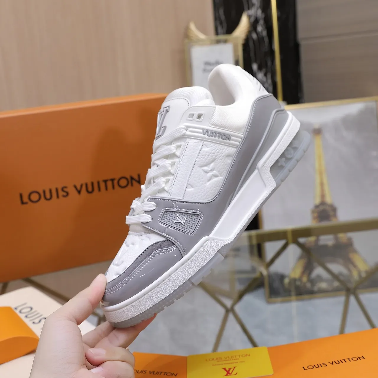 Louis Vuitton LV Trainer White Gray Monogram Leather Patent Overlays Lifestyle Sneakers 6