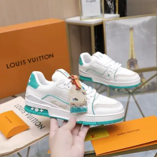 Louis Vuitton LV Trainer White Green Leather Upper Turquoise Accent Piping Lifestyle Sneakers