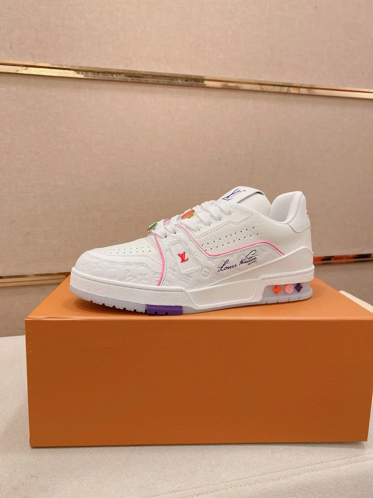 Louis Vuitton LV Trainer White Multicolor Embossed Monogram Leather Cursive Signature Detail Lifestyle Sneakers 1