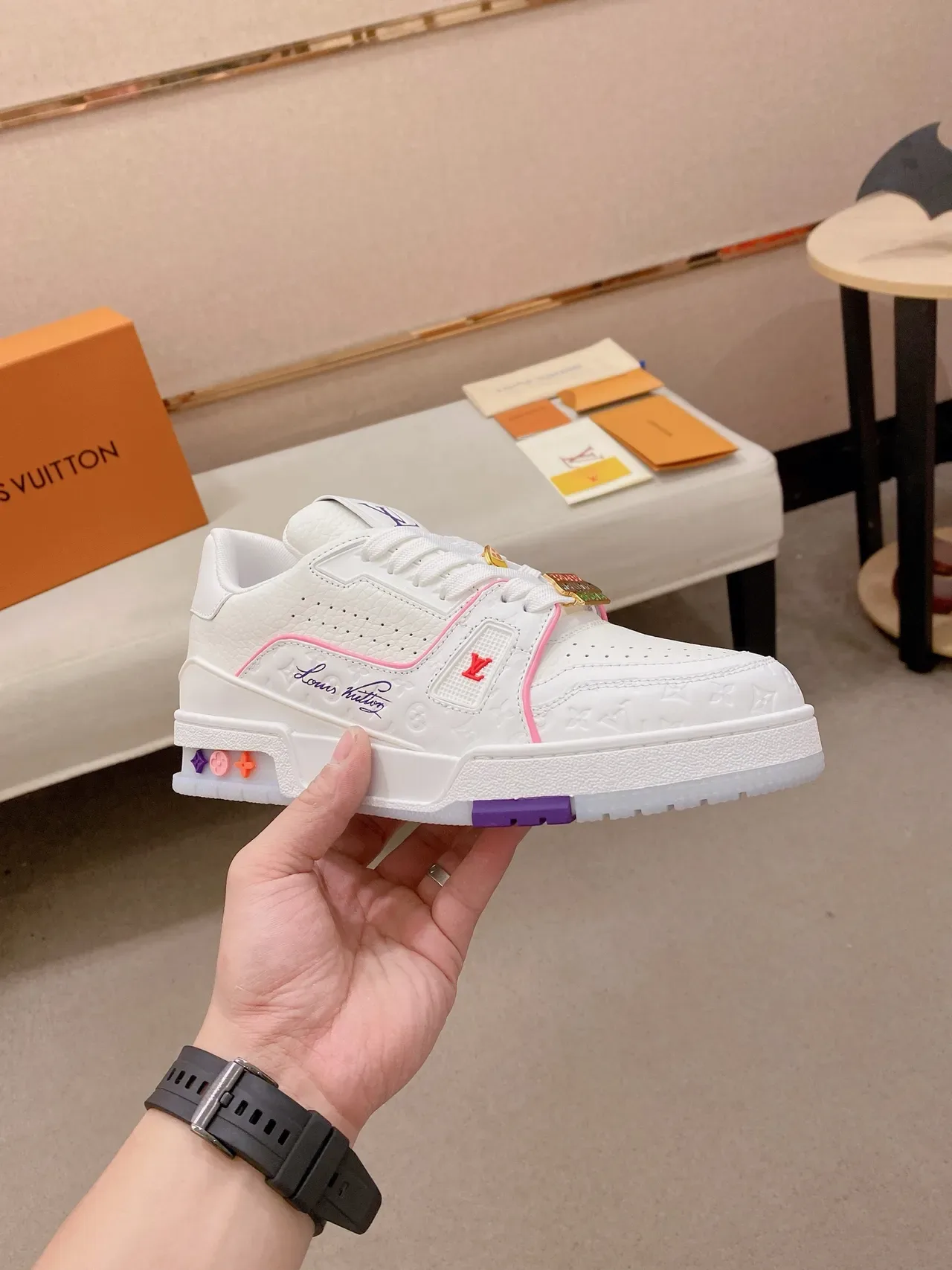 Louis Vuitton LV Trainer White Multicolor Embossed Monogram Leather Cursive Signature Detail Lifestyle Sneakers 4
