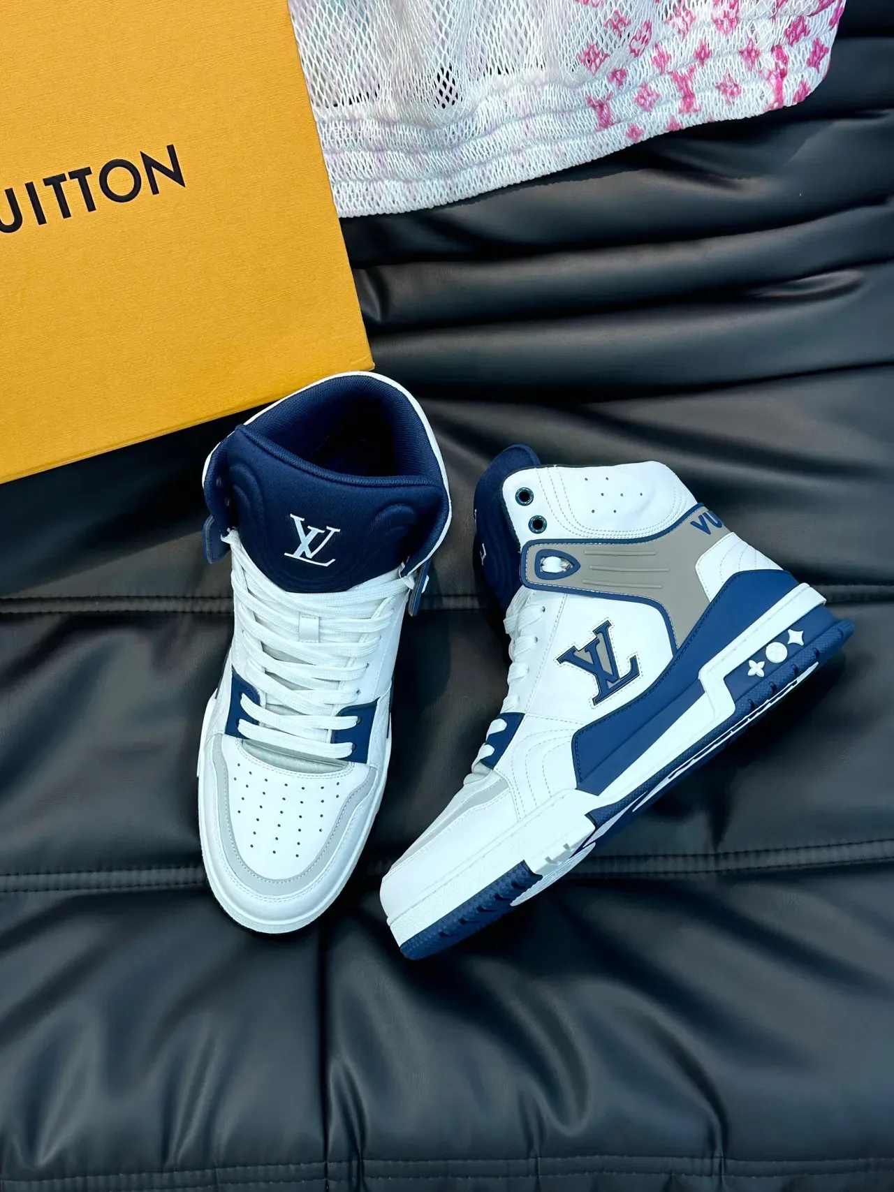 Louis Vuitton LV Trainer White Navy High-Top Leather-and-Synthetic Upper Lifestyle Sneakers 3