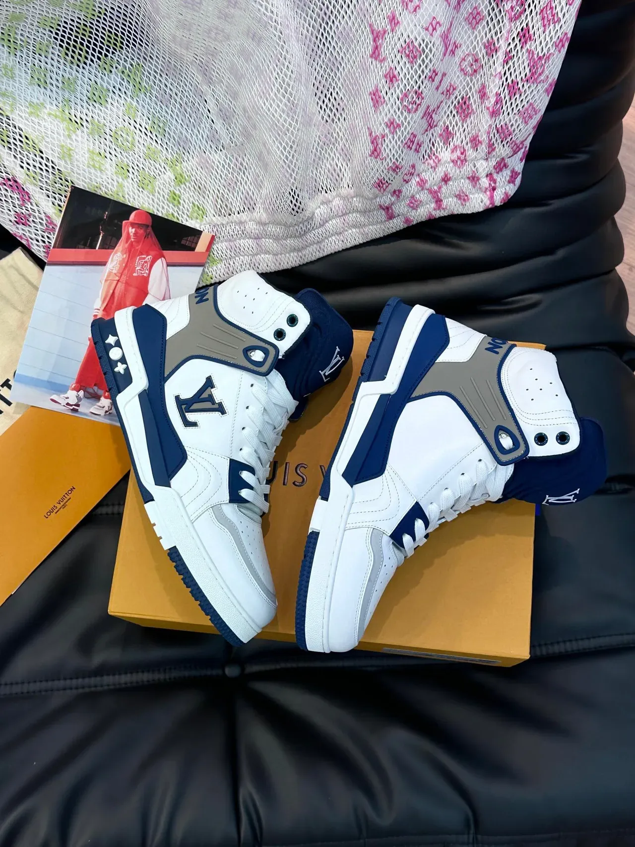 Louis Vuitton LV Trainer White Navy High-Top Leather-and-Synthetic Upper Lifestyle Sneakers 4