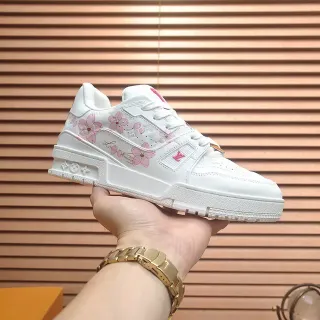 Louis Vuitton LV Trainer White Pink Leather Upper Cherry Blossom Embroidery Lifestyle Sneakers