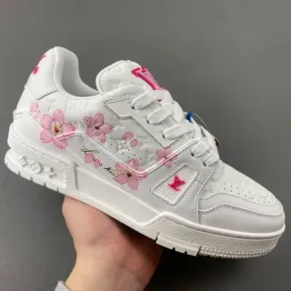 Louis Vuitton LV Trainer White Pink Quilted Leather Upper Cherry Blossom Embroidery Lifestyle Sneakers