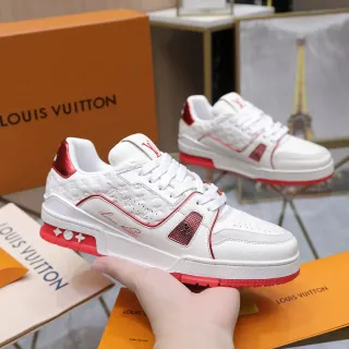 Louis Vuitton LV Trainer zapatillas lifestyle blancas rojas con monograma-embossed cuero perforado superior