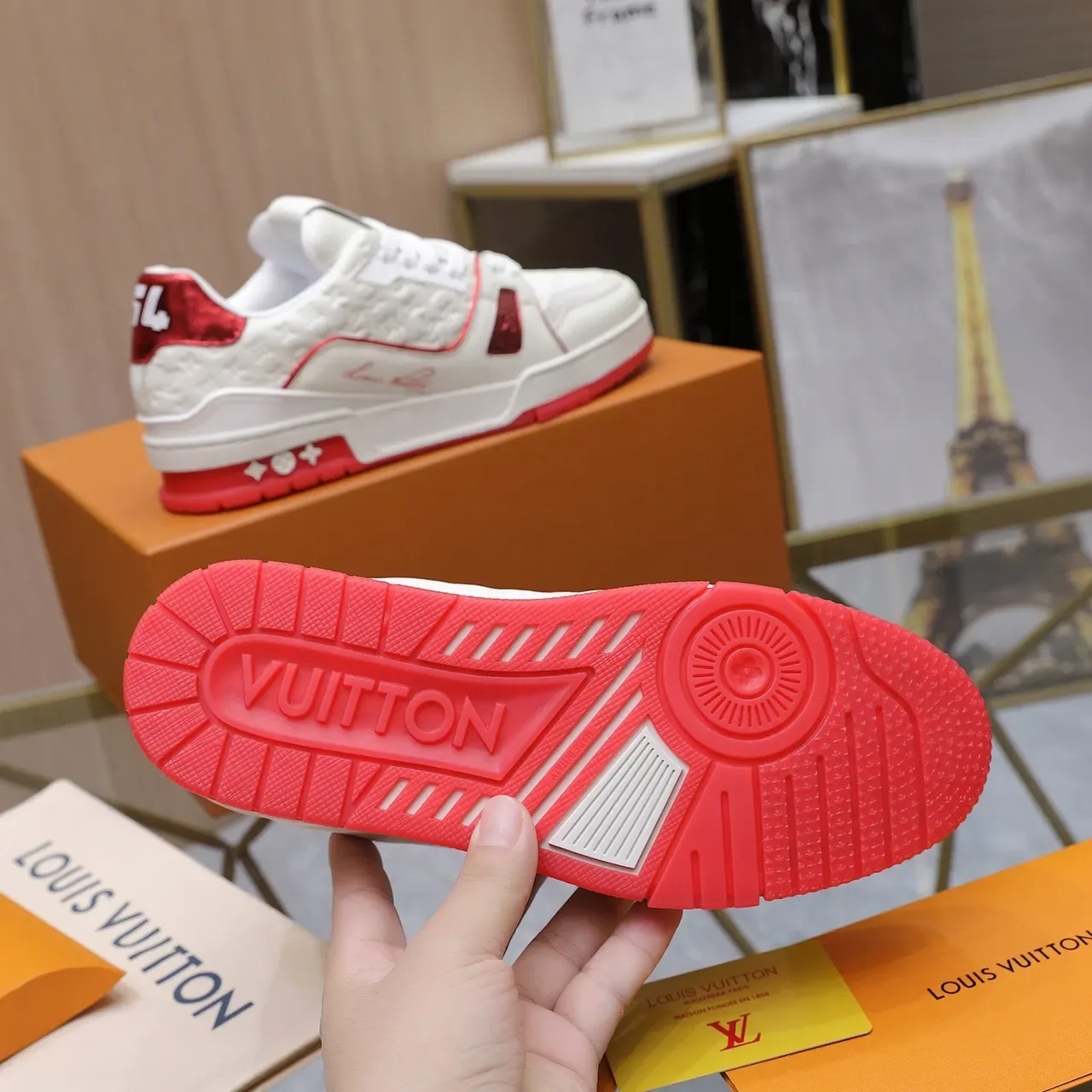 Louis Vuitton LV Trainer White Red Monogram-Embossed Leather Perforated Upper Lifestyle Sneakers 2