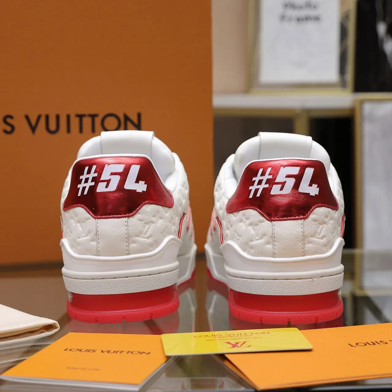 Louis Vuitton LV Trainer White Red Monogram-Embossed Leather Perforated Upper Lifestyle Sneakers 3