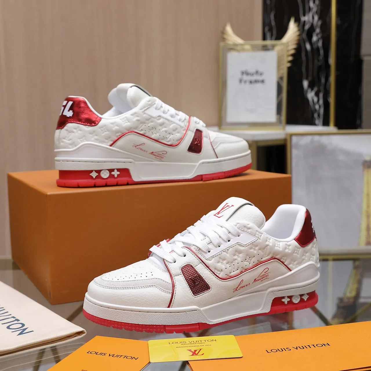 Louis Vuitton LV Trainer White Red Monogram-Embossed Leather Perforated Upper Lifestyle Sneakers 4