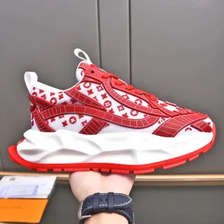 لويس فيتون LV Trainer أبيض وأحمر Monogram-Print شبكة وسط الإخماد المتماثل حذاء كيكي