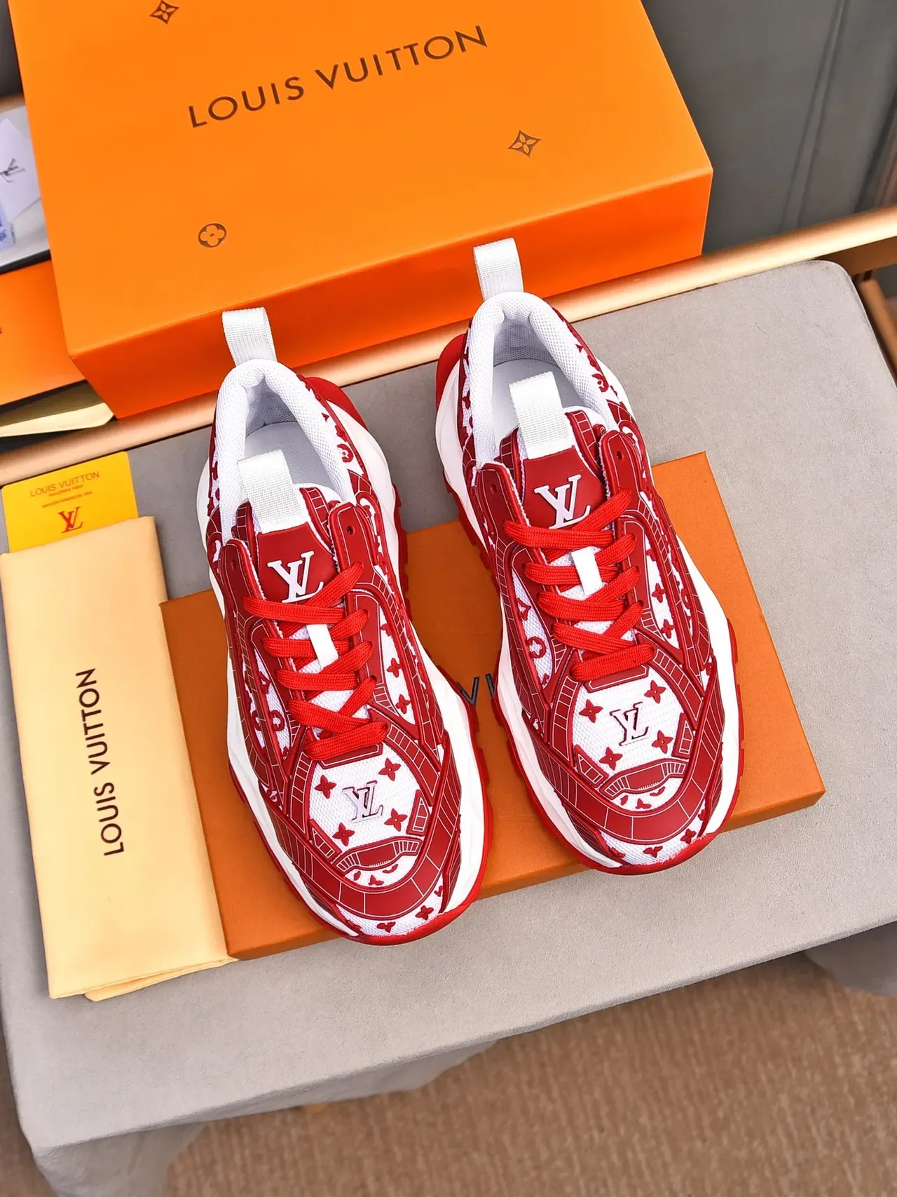 Louis Vuitton LV Trainer White Red Monogram-Print Mesh Sculpted Midsole Chunky Sneakers 3