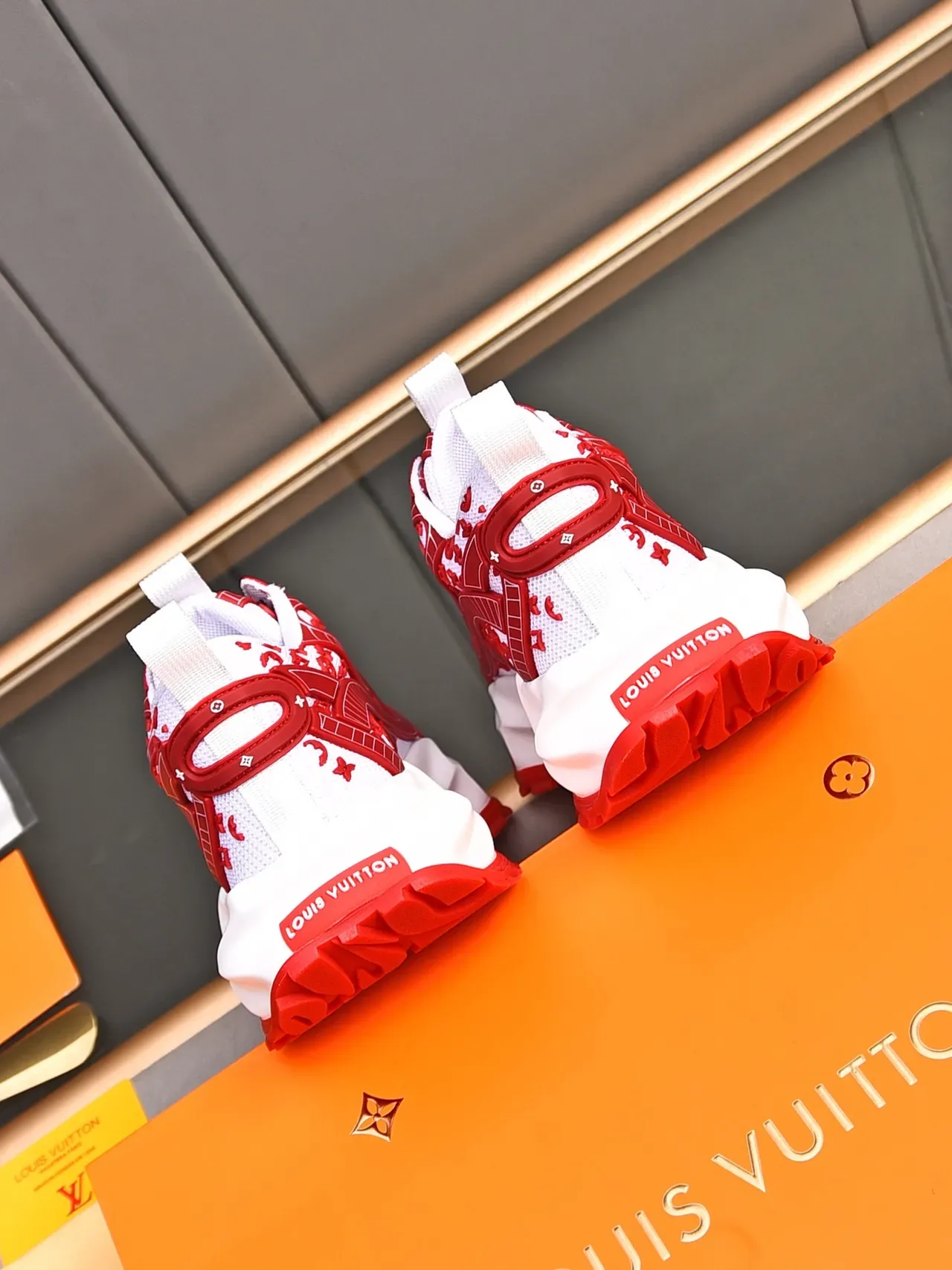 Louis Vuitton LV Trainer White Red Monogram-Print Mesh Sculpted Midsole Chunky Sneakers 4
