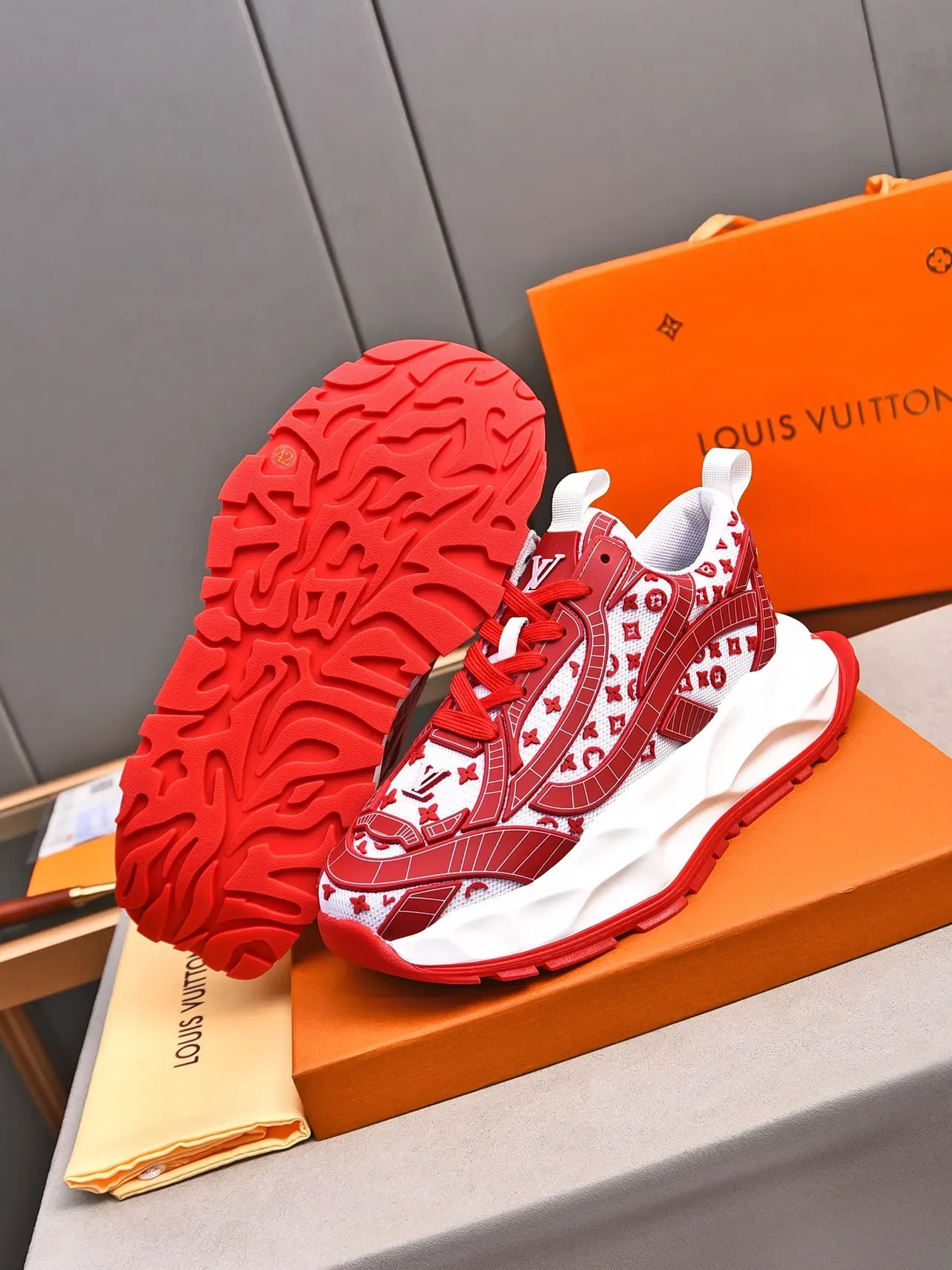 Louis Vuitton LV Trainer White Red Monogram-Print Mesh Sculpted Midsole Chunky Sneakers 5