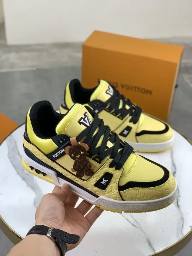 Louis Vuitton LV Trainer Yellow Black Monogram-Embossed Leather Dual-Tone Layered Sole Lifestyle Sneakers 4