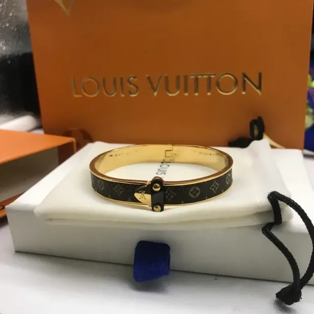 Louis Vuitton Monogram Canvas Bangle Black Gold Hinged Bracelet 3