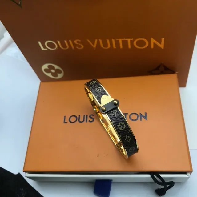 Louis Vuitton Monogram Canvas Bangle Black Gold Hinged Bracelet 4
