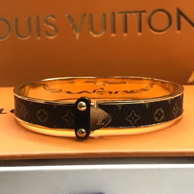 Louis Vuitton Monogram Canvas Bangle Black Gold Hinged Bracelet 5