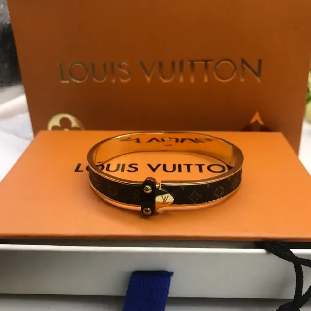 Louis Vuitton Monogram Canvas Bangle Black Gold Hinged Bracelet 6