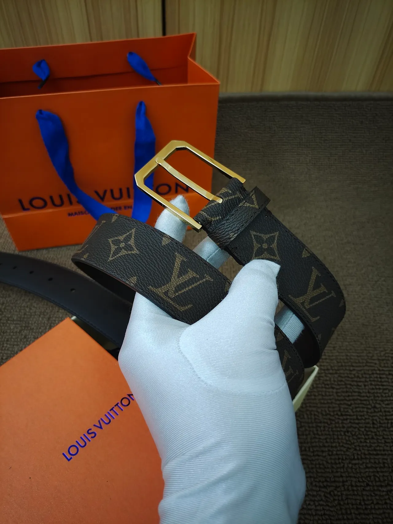 Louis Vuitton Monogram Canvas Belt Brown Gold Buckle Leather Belt 2