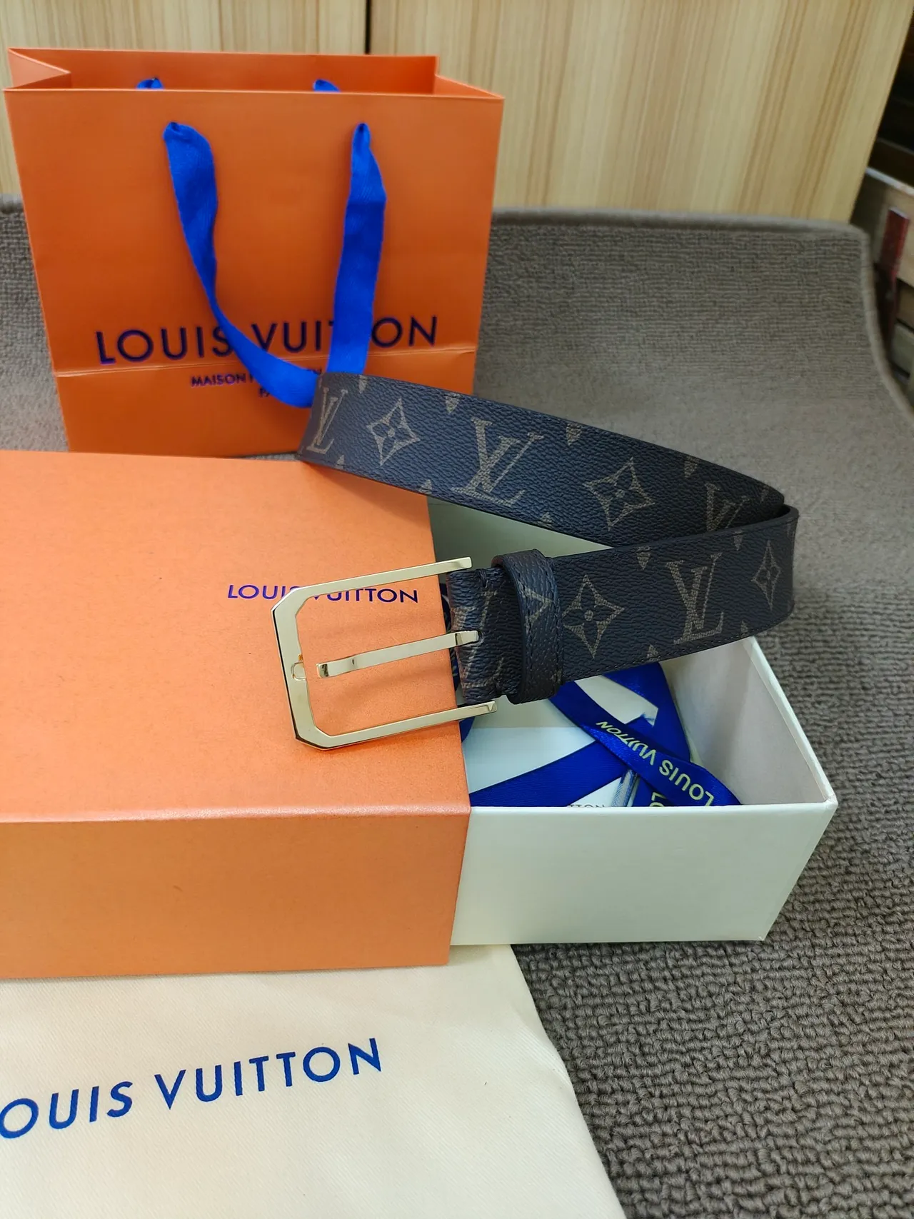 Louis Vuitton Monogram Canvas Belt Brown Gold Buckle Leather Belt 5