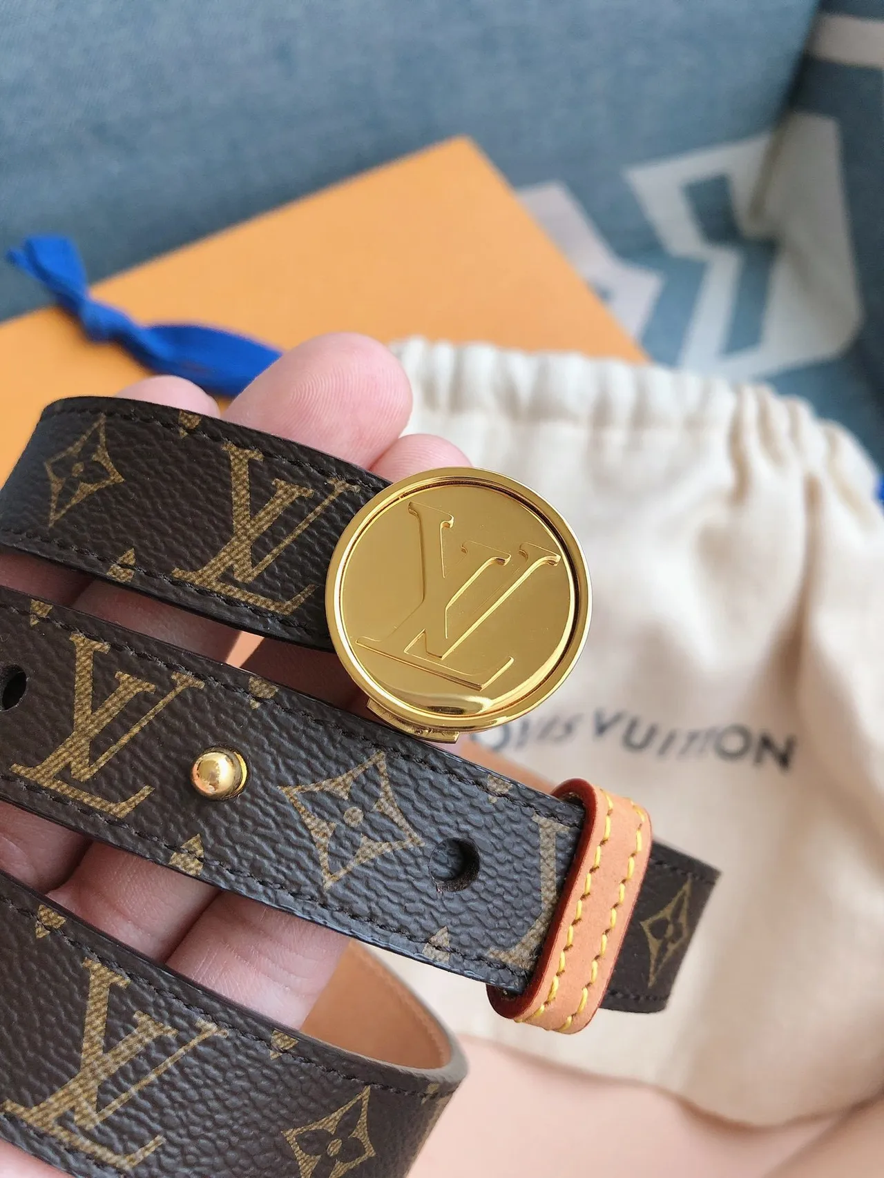 Louis Vuitton Monogram Canvas Belt Brown Gold Circular Buckle Leather Belt 2