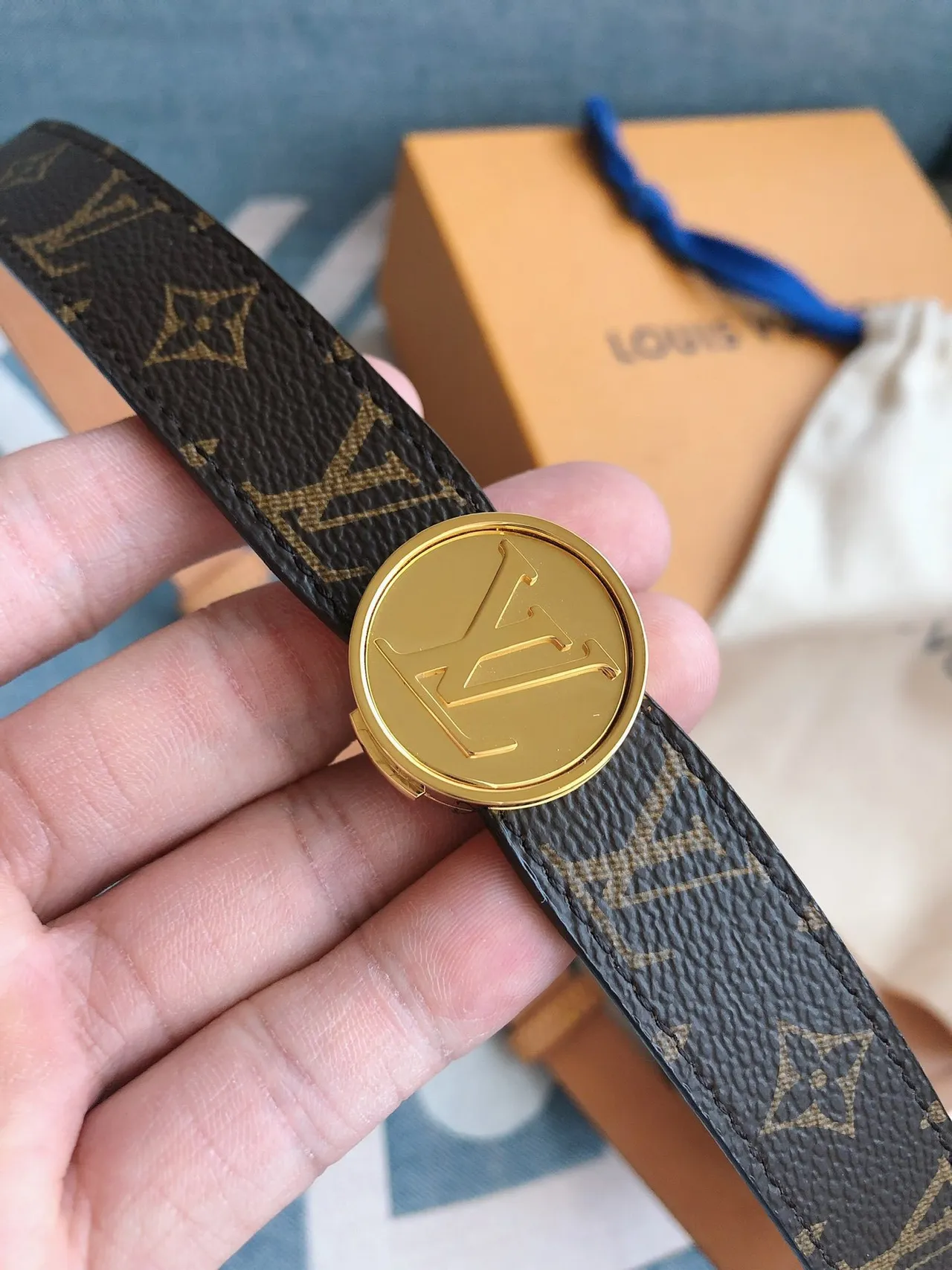 Louis Vuitton Monogram Canvas Belt Brown Gold Circular Buckle Leather Belt 8