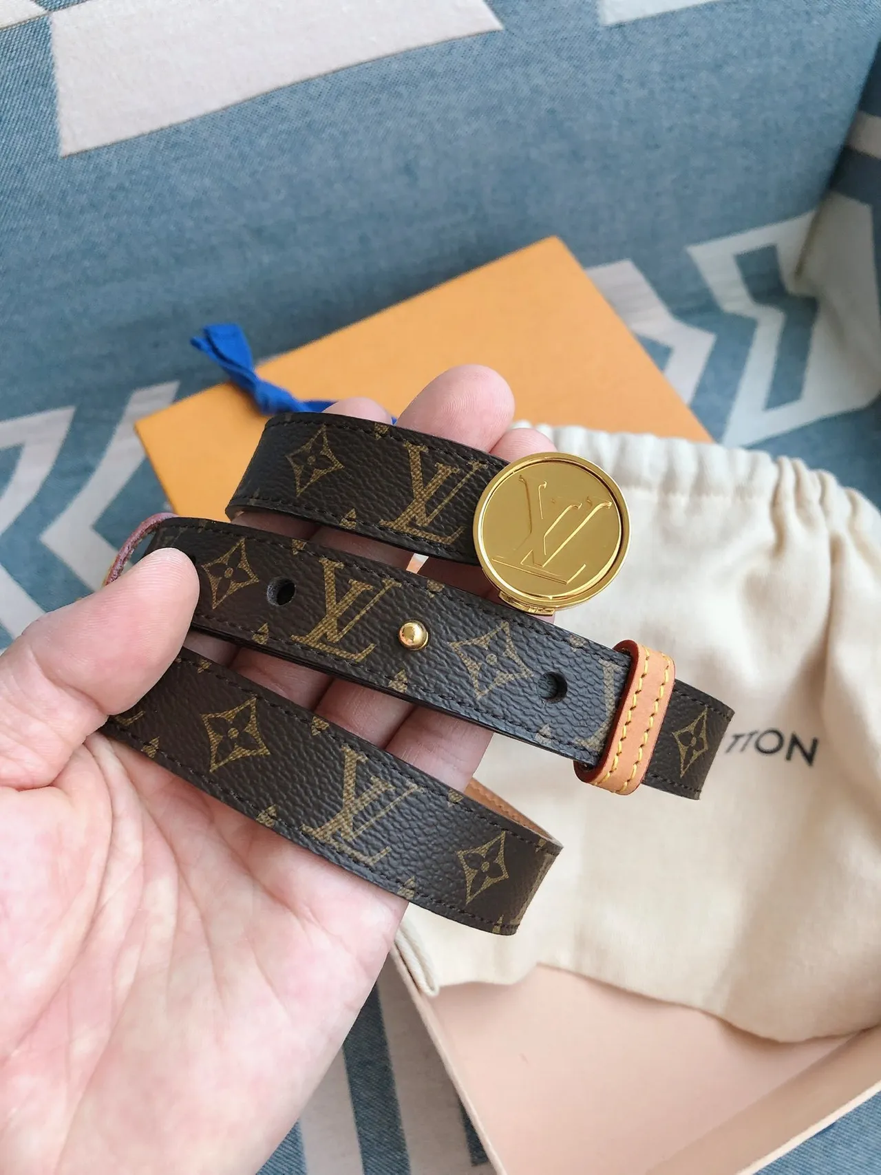 Louis Vuitton Monogram Canvas Belt Brown Gold Circular Buckle Leather Belt 9