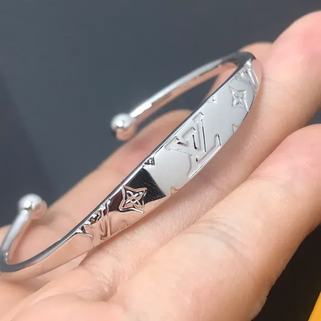 Louis Vuitton Monogram Cuff Silver Polished Engraved Bracelet 3