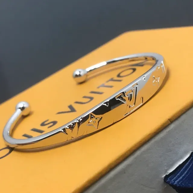 Louis Vuitton Monogram Cuff Silver Polished Engraved Bracelet 4