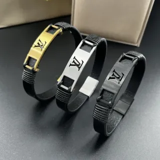 Louis Vuitton Monogram Engraved Metal Plate Black Leather Bracelet