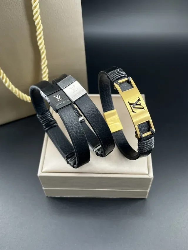 Louis Vuitton Monogram Engraved Metal Plate Black Leather Bracelet 2